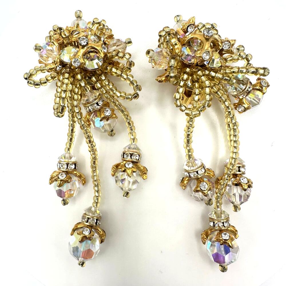 Eva K. silver tone AB aurora borealis glass rhinestones dangle clip on earrings